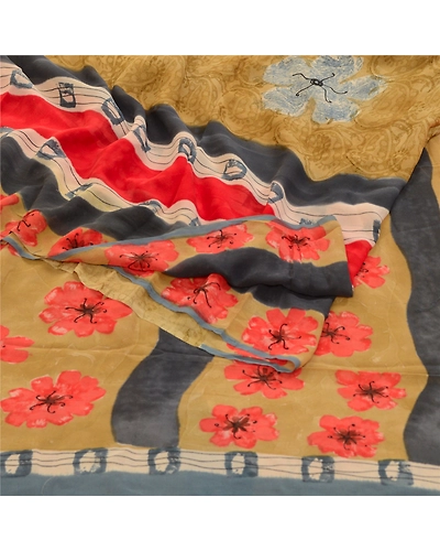 Sanskriti Vintage Sarees Multi Pure Georgette Silk Printed Sari 5Yd Craft Fabric, PRG-12736-Multi-Printed Floral Design-Pure Georgette Silk-13