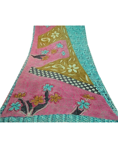 Sanskriti Vintage Sarees Blue Pure Georgette Silk Printed Sari 5Yd Craft Fabric, PRG-12737-Blue-Printed Floral Design-Pure Georgette Silk-11
