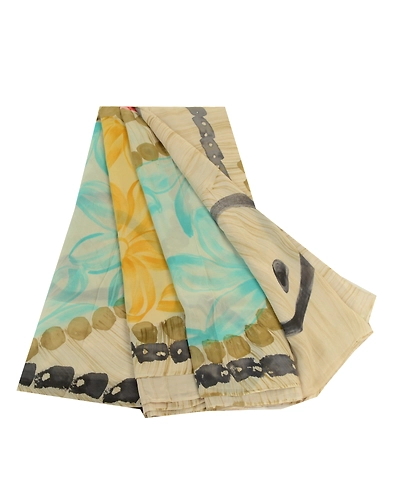 Sanskriti Vintage Sarees Ivory Pure Georgette Silk Printed Sari 5Yd Craft Fabric, PRG-12740-Ivory-Printed Floral Design-Pure Georgette Silk-2