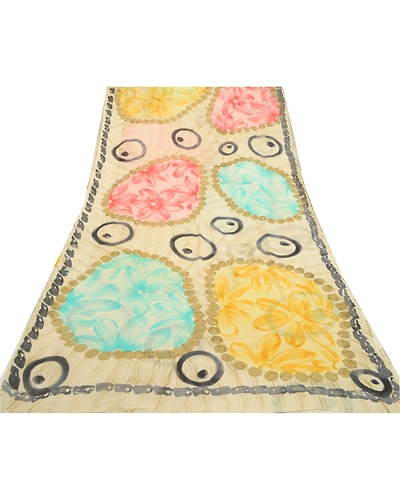 Sanskriti Vintage Sarees Ivory Pure Georgette Silk Printed Sari 5Yd Craft Fabric, PRG-12740-Ivory-Printed Floral Design-Pure Georgette Silk-11