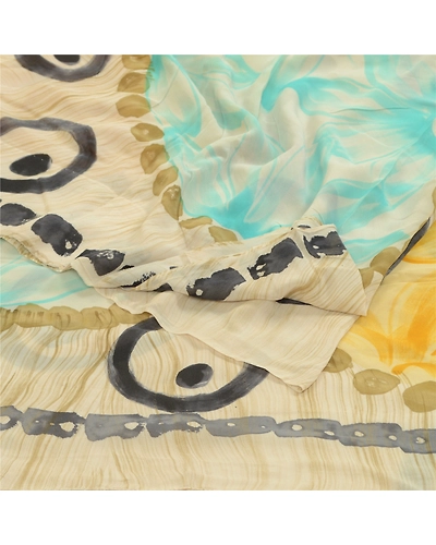 Sanskriti Vintage Sarees Ivory Pure Georgette Silk Printed Sari 5Yd Craft Fabric, PRG-12740-Ivory-Printed Floral Design-Pure Georgette Silk-13
