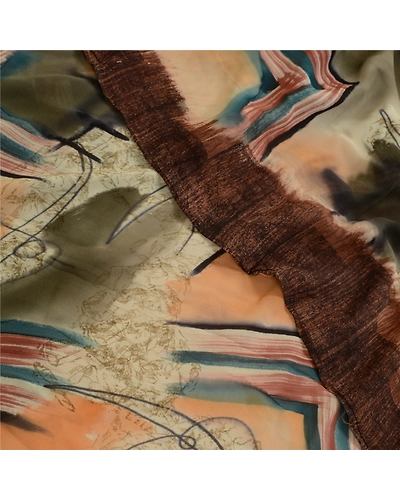 Sanskriti Vintage Sarees Peach Pure Georgette Silk Printed Sari 5Yd Craft Fabric, PRG-12743-Peach-Printed Floral Design-Pure Georgette Silk-1