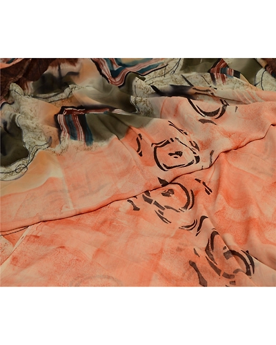 Sanskriti Vintage Sarees Peach Pure Georgette Silk Printed Sari 5Yd Craft Fabric, PRG-12743-Peach-Printed Floral Design-Pure Georgette Silk-4