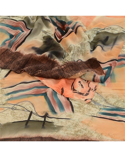 Sanskriti Vintage Sarees Peach Pure Georgette Silk Printed Sari 5Yd Craft Fabric, PRG-12743-Peach-Printed Floral Design-Pure Georgette Silk-13