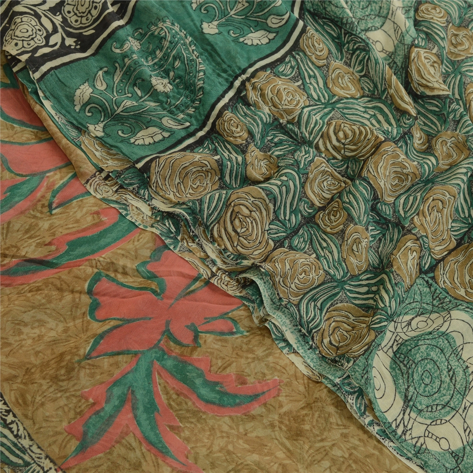 Sanskriti Vintage Sarees Green 100% Pure Georgette Silk Print Sari Craft Fabric, PRG-12756-Green-Printed Floral Design-Pure Georgette Silk-1