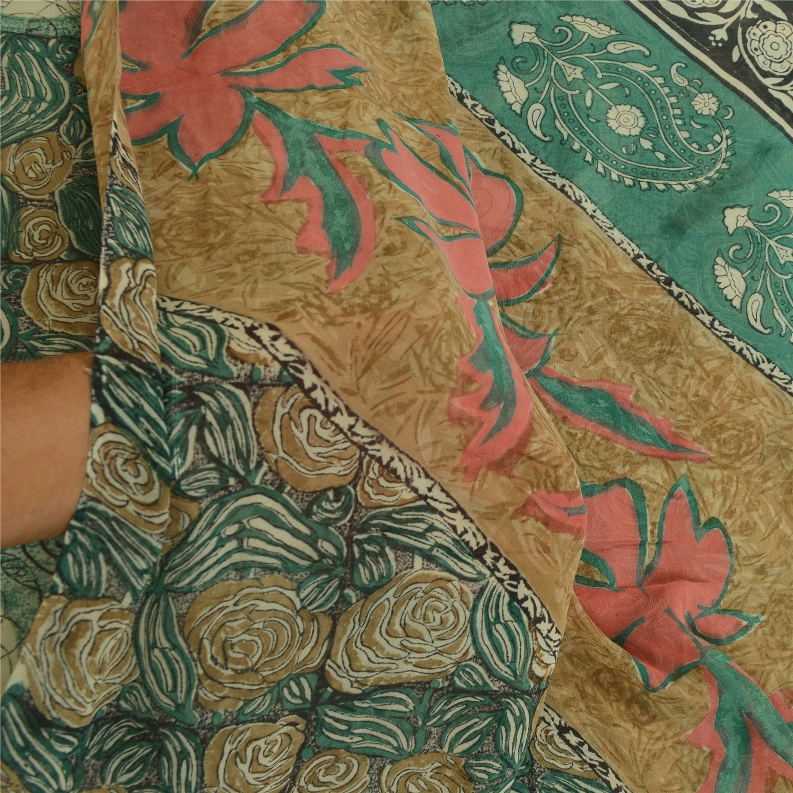 Sanskriti Vintage Sarees Green 100% Pure Georgette Silk Print Sari Craft Fabric, PRG-12756-Green-Printed Floral Design-Pure Georgette Silk-6