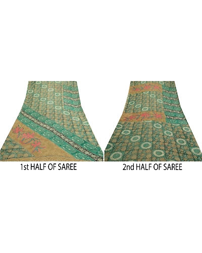 Sanskriti Vintage Sarees Green 100% Pure Georgette Silk Print Sari Craft Fabric, PRG-12756-Green-Printed Floral Design-Pure Georgette Silk-7