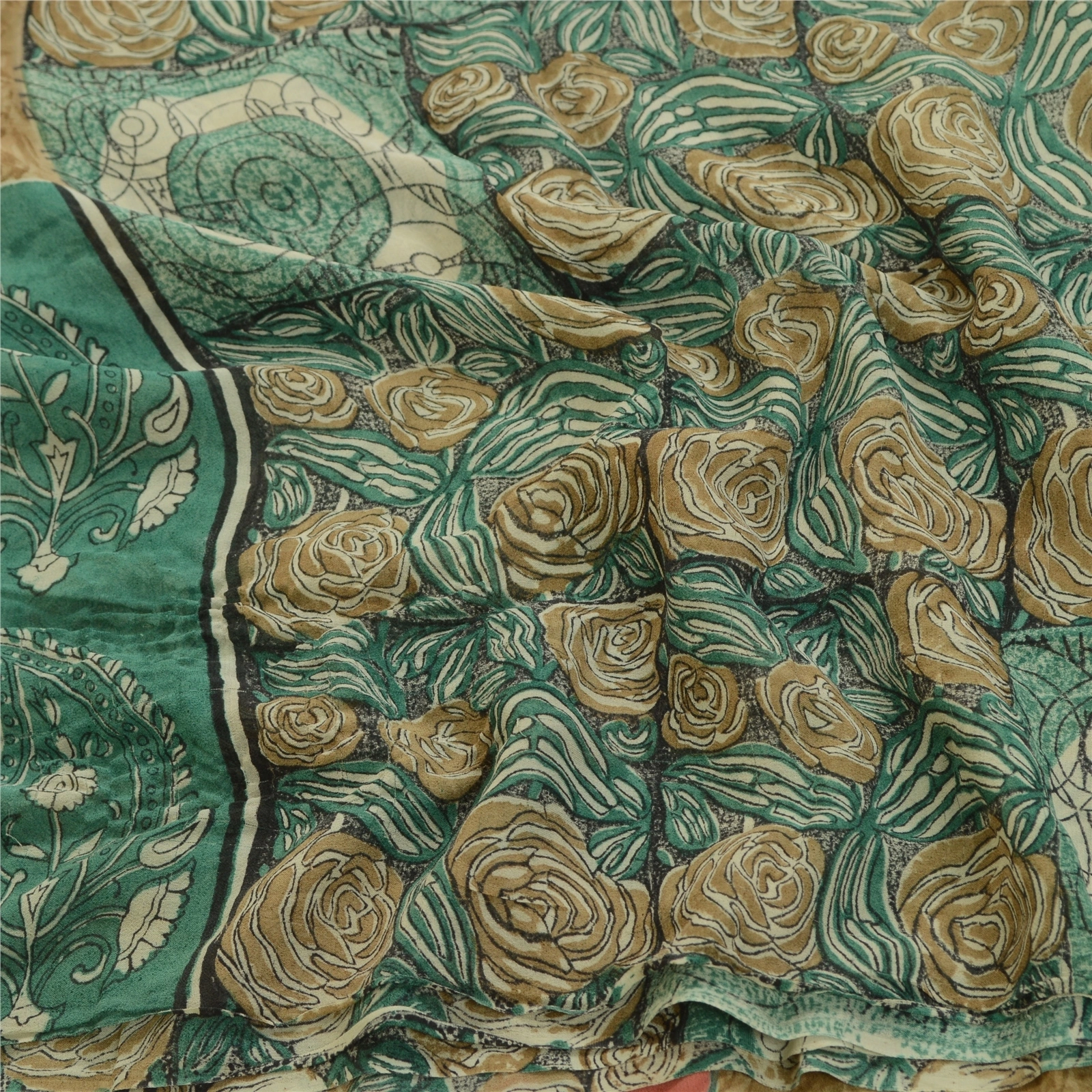 Sanskriti Vintage Sarees Green 100% Pure Georgette Silk Print Sari Craft Fabric, PRG-12756-Green-Printed Floral Design-Pure Georgette Silk-9