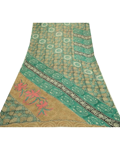 Sanskriti Vintage Sarees Green 100% Pure Georgette Silk Print Sari Craft Fabric, PRG-12756-Green-Printed Floral Design-Pure Georgette Silk-11