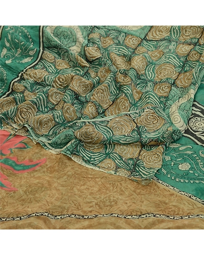 Sanskriti Vintage Sarees Green 100% Pure Georgette Silk Print Sari Craft Fabric, PRG-12756-Green-Printed Floral Design-Pure Georgette Silk-13