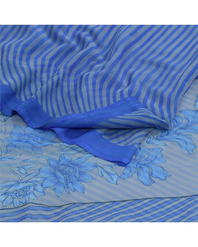 Sanskriti Vintage Sarees From India Blue Georgette Printed Sari 5Yd Craft Fabric, PRG-12762-Blue-Printed Floral Design-Poly Georgette-1