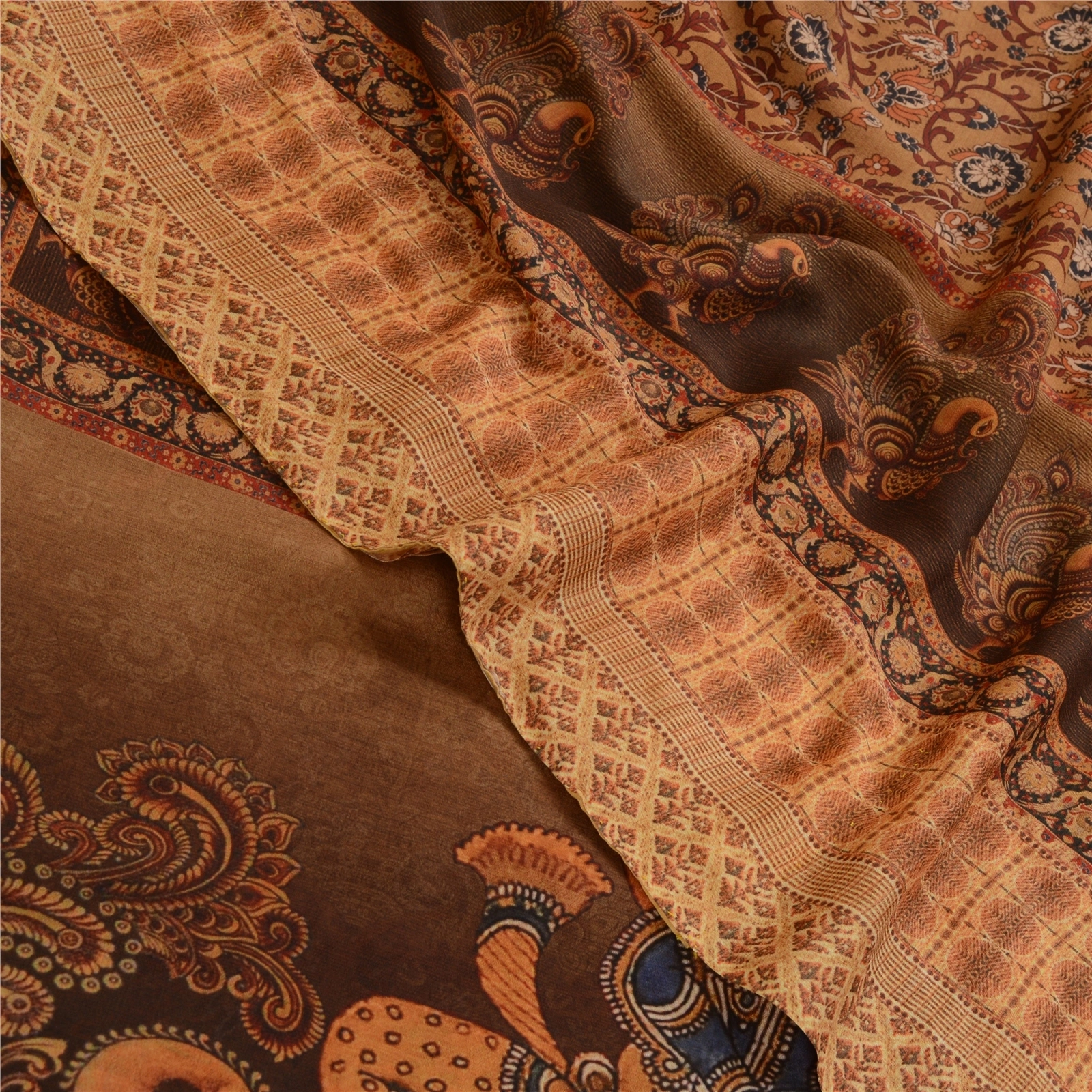 Sanskriti Vintage Sarees Brown Kalamkari Peacock Print Georgette Sari 5Yd Fabric, PRG-12767-Brown-Printed Floral Design-Poly Georgette-1