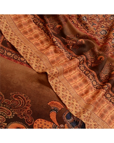 Sanskriti Vintage Sarees Brown Kalamkari Peacock Print Georgette Sari 5Yd Fabric, PRG-12767-Brown-Printed Floral Design-Poly Georgette-1