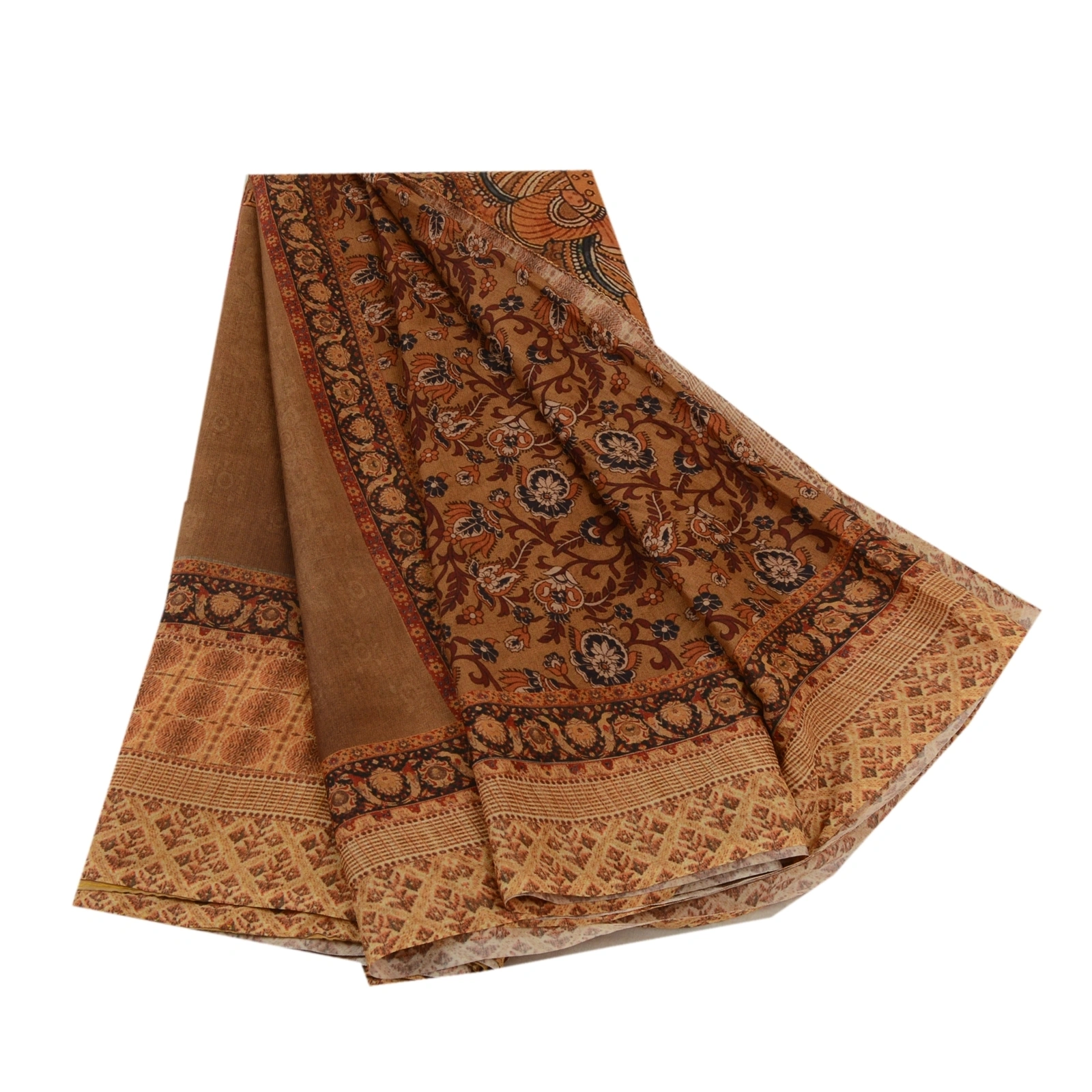 Sanskriti Vintage Sarees Brown Kalamkari Peacock Print Georgette Sari 5Yd Fabric, PRG-12767-Brown-Printed Floral Design-Poly Georgette-2