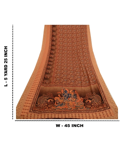 Sanskriti Vintage Sarees Brown Kalamkari Peacock Print Georgette Sari 5Yd Fabric, PRG-12767-Brown-Printed Floral Design-Poly Georgette-5