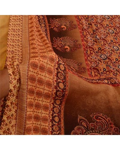 Sanskriti Vintage Sarees Brown Kalamkari Peacock Print Georgette Sari 5Yd Fabric, PRG-12767-Brown-Printed Floral Design-Poly Georgette-6