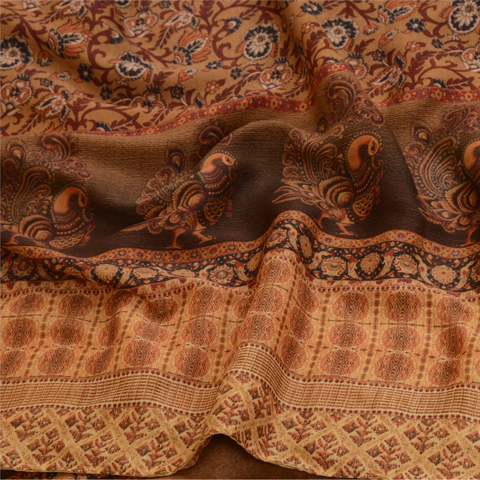 Sanskriti Vintage Sarees Brown Kalamkari Peacock Print Georgette Sari 5Yd Fabric, PRG-12767-Brown-Printed Floral Design-Poly Georgette-9