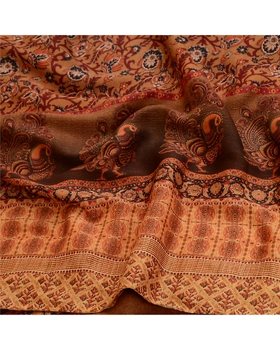 Sanskriti Vintage Sarees Brown Kalamkari Peacock Print Georgette Sari 5Yd Fabric, PRG-12767-Brown-Printed Floral Design-Poly Georgette-9