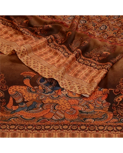 Sanskriti Vintage Sarees Brown Kalamkari Peacock Print Georgette Sari 5Yd Fabric, PRG-12767-Brown-Printed Floral Design-Poly Georgette-10