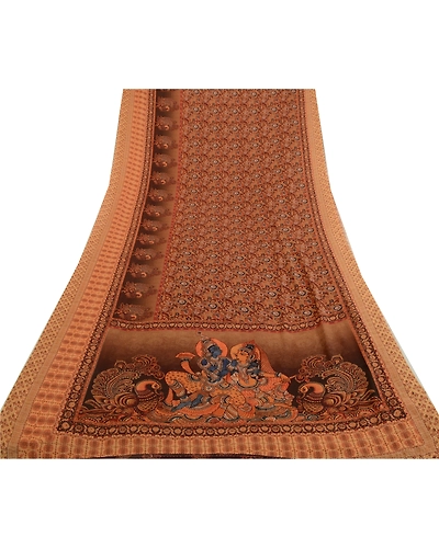 Sanskriti Vintage Sarees Brown Kalamkari Peacock Print Georgette Sari 5Yd Fabric, PRG-12767-Brown-Printed Floral Design-Poly Georgette-11