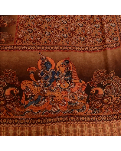 Sanskriti Vintage Sarees Brown Kalamkari Peacock Print Georgette Sari 5Yd Fabric, PRG-12767-Brown-Printed Floral Design-Poly Georgette-12
