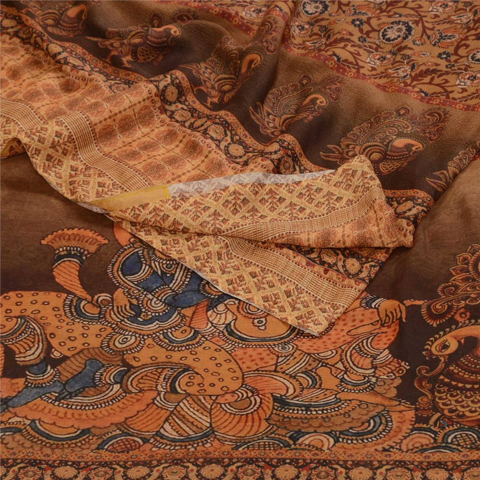 Sanskriti Vintage Sarees Brown Kalamkari Peacock Print Georgette Sari 5Yd Fabric, PRG-12767-Brown-Printed Floral Design-Poly Georgette-13