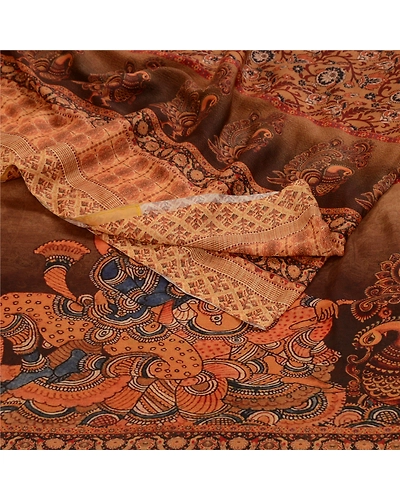 Sanskriti Vintage Sarees Brown Kalamkari Peacock Print Georgette Sari 5Yd Fabric, PRG-12767-Brown-Printed Floral Design-Poly Georgette-13