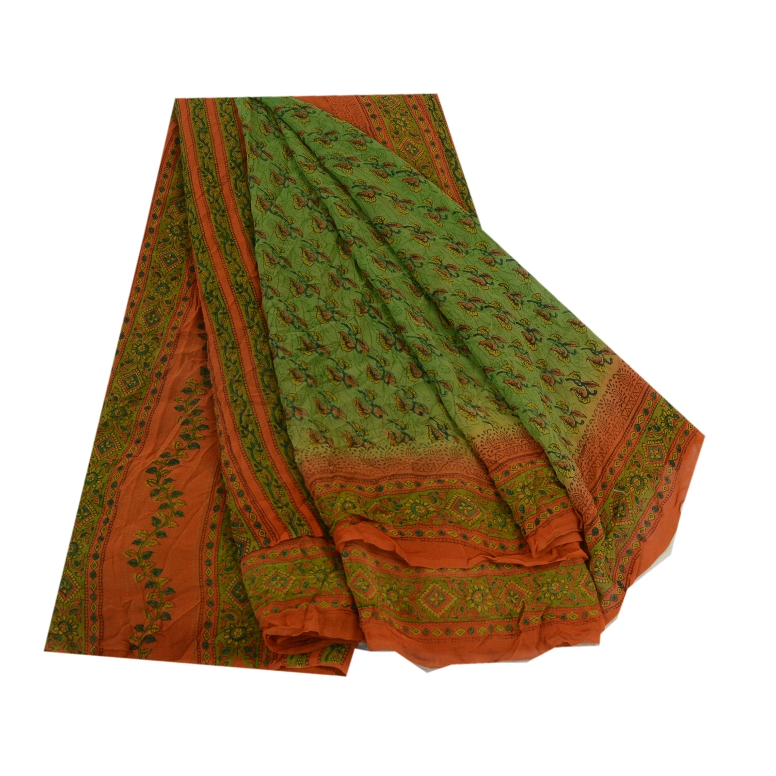 Sanskriti Vintage Sarees Green &amp; Orange Pure Georgette Silk Printed Sari Fabric, PRG-12769-Orange &amp; Green-Printed Floral Design-Pure Georgette Silk-2