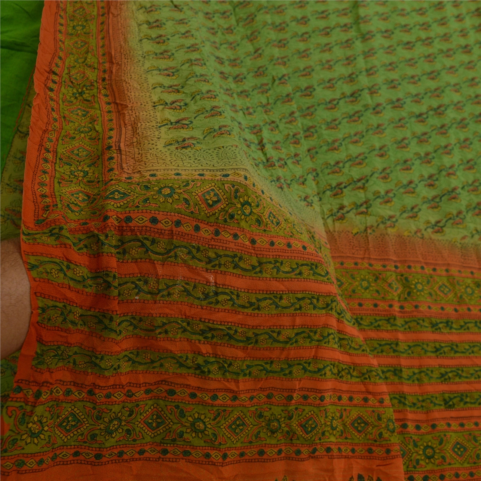 Sanskriti Vintage Sarees Green &amp; Orange Pure Georgette Silk Printed Sari Fabric, PRG-12769-Orange &amp; Green-Printed Floral Design-Pure Georgette Silk-6