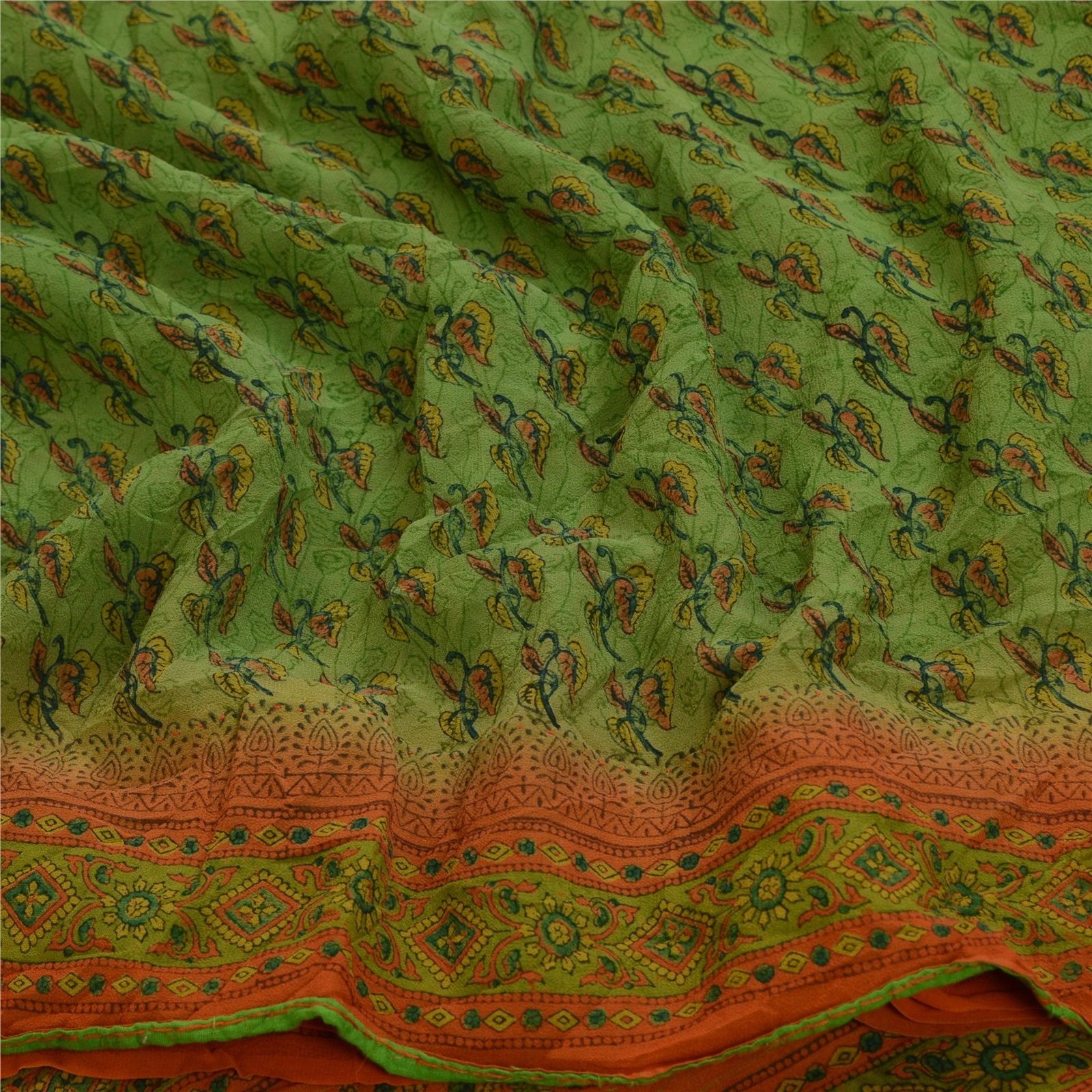 Sanskriti Vintage Sarees Green &amp; Orange Pure Georgette Silk Printed Sari Fabric, PRG-12769-Orange &amp; Green-Printed Floral Design-Pure Georgette Silk-9