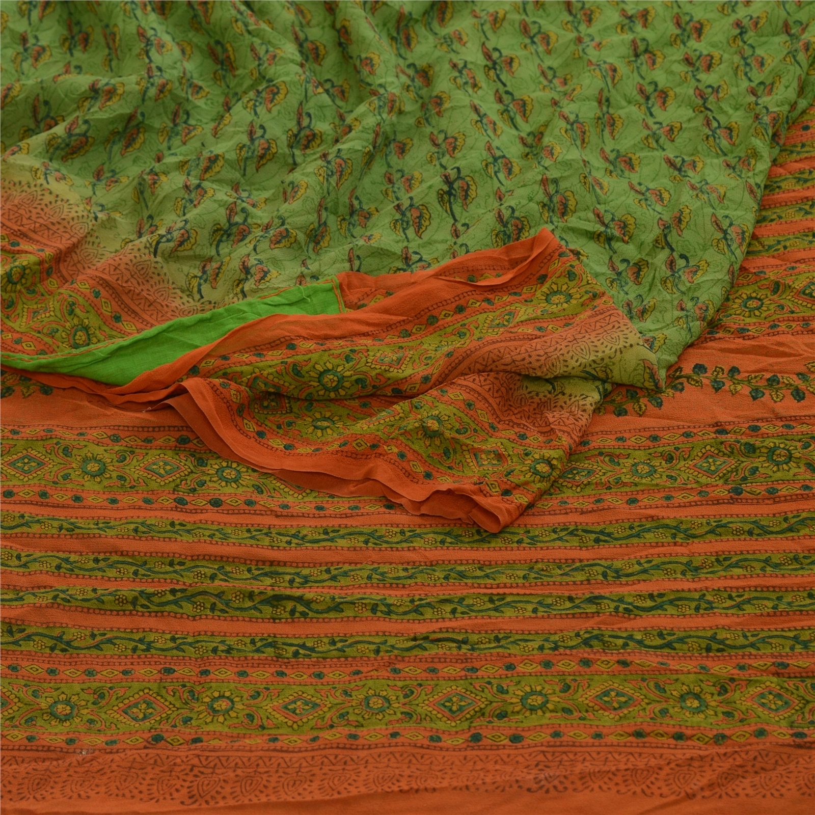 Sanskriti Vintage Sarees Green &amp; Orange Pure Georgette Silk Printed Sari Fabric, PRG-12769-Orange &amp; Green-Printed Floral Design-Pure Georgette Silk-13