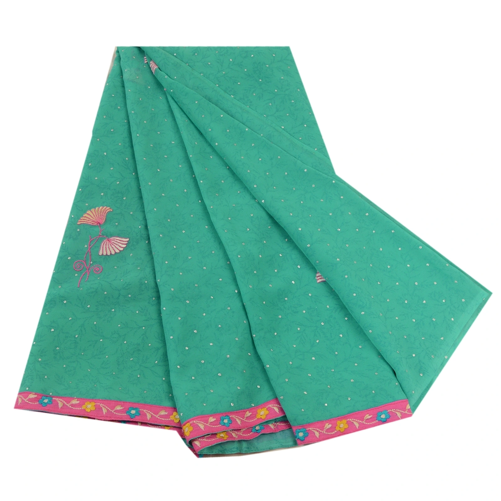 Sanskriti Vintage Sarees Green Ebroidered Mukesh Work Georgette Sari 5Yd Fabric, PRG-12782-Green-Printed Floral Design-Poly Georgette-2