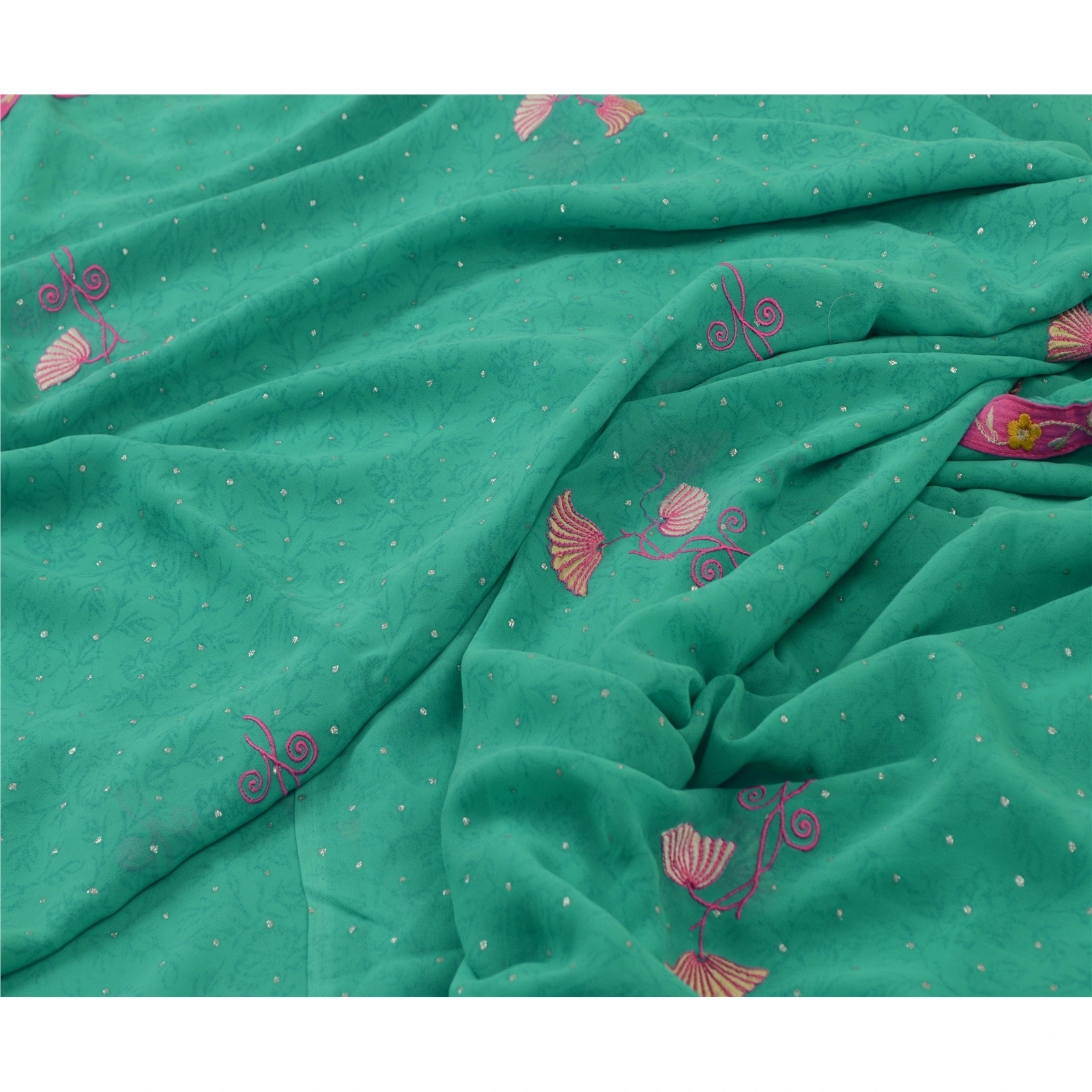 Sanskriti Vintage Sarees Green Ebroidered Mukesh Work Georgette Sari 5Yd Fabric, PRG-12782-Green-Printed Floral Design-Poly Georgette-4