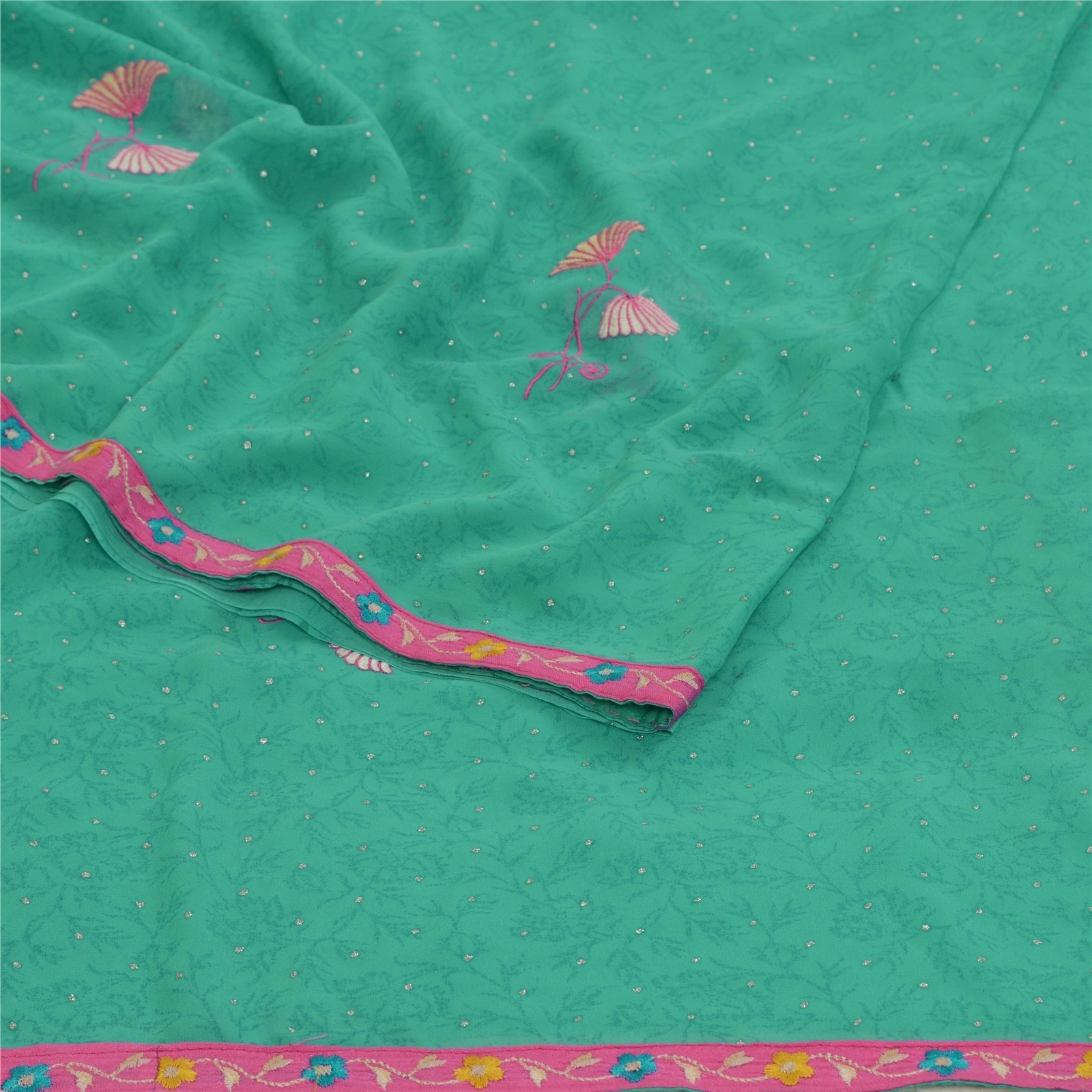 Sanskriti Vintage Sarees Green Ebroidered Mukesh Work Georgette Sari 5Yd Fabric, PRG-12782-Green-Printed Floral Design-Poly Georgette-10