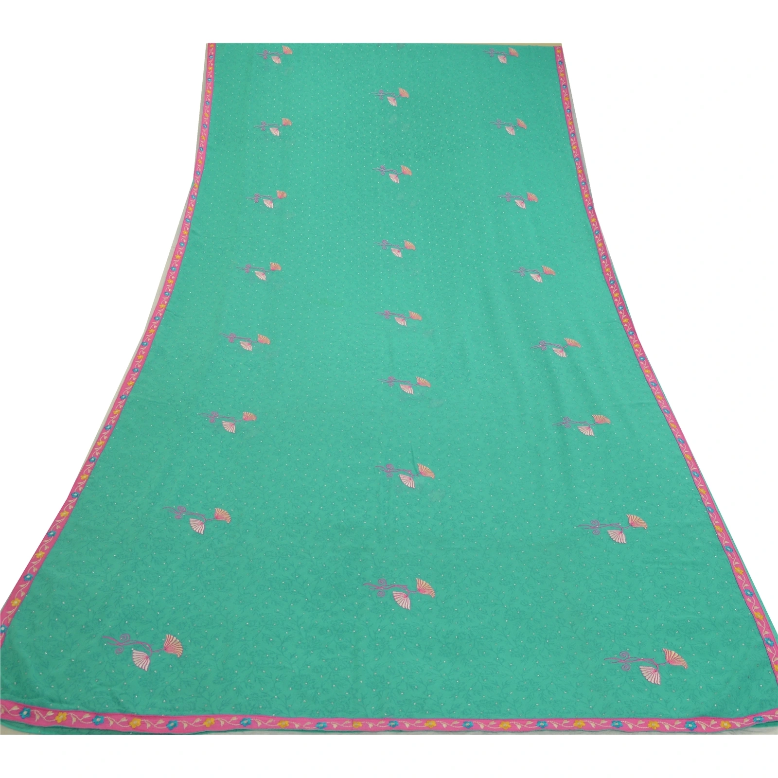 Sanskriti Vintage Sarees Green Ebroidered Mukesh Work Georgette Sari 5Yd Fabric, PRG-12782-Green-Printed Floral Design-Poly Georgette-11