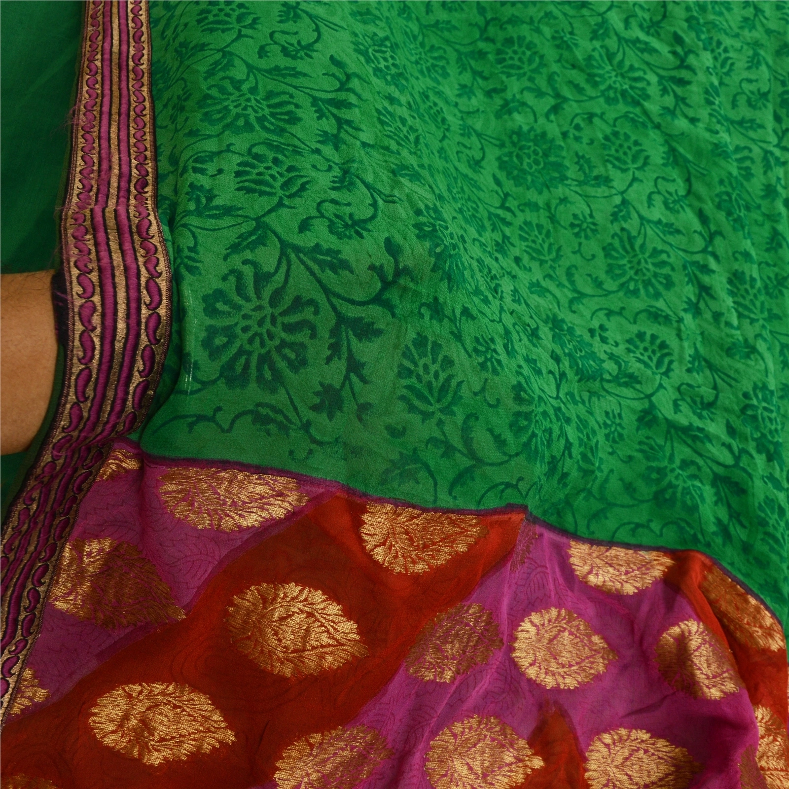 Sanskriti Vintage Sarees Green Zari Woven Print Pure Georgette Silk Sari Fabric, PRG-12783-Green-Printed Floral Design-Pure Georgette Silk-6