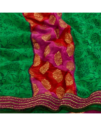Sanskriti Vintage Sarees Green Zari Woven Print Pure Georgette Silk Sari Fabric, PRG-12783-Green-Printed Floral Design-Pure Georgette Silk-9