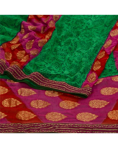 Sanskriti Vintage Sarees Green Zari Woven Print Pure Georgette Silk Sari Fabric, PRG-12783-Green-Printed Floral Design-Pure Georgette Silk-10
