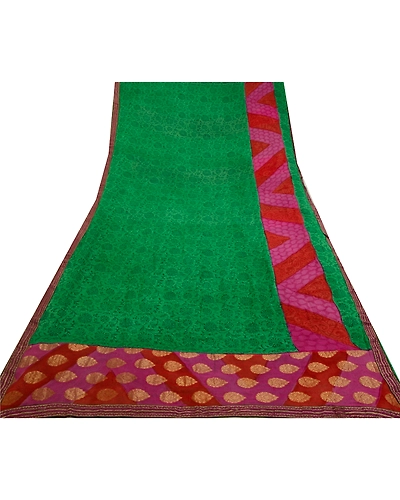 Sanskriti Vintage Sarees Green Zari Woven Print Pure Georgette Silk Sari Fabric, PRG-12783-Green-Printed Floral Design-Pure Georgette Silk-11
