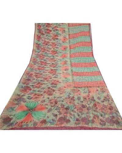 Sanskriti Vintage Sarees Multi Pure Georgette Silk Printed Sari 5Yd Craft Fabric, PRG-12785-Multi-Printed Floral Design-Pure Georgette Silk-11