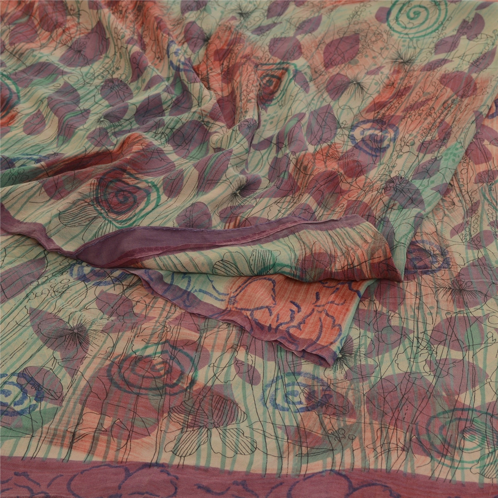 Sanskriti Vintage Sarees Multi Pure Georgette Silk Printed Sari 5Yd Craft Fabric, PRG-12785-Multi-Printed Floral Design-Pure Georgette Silk-13