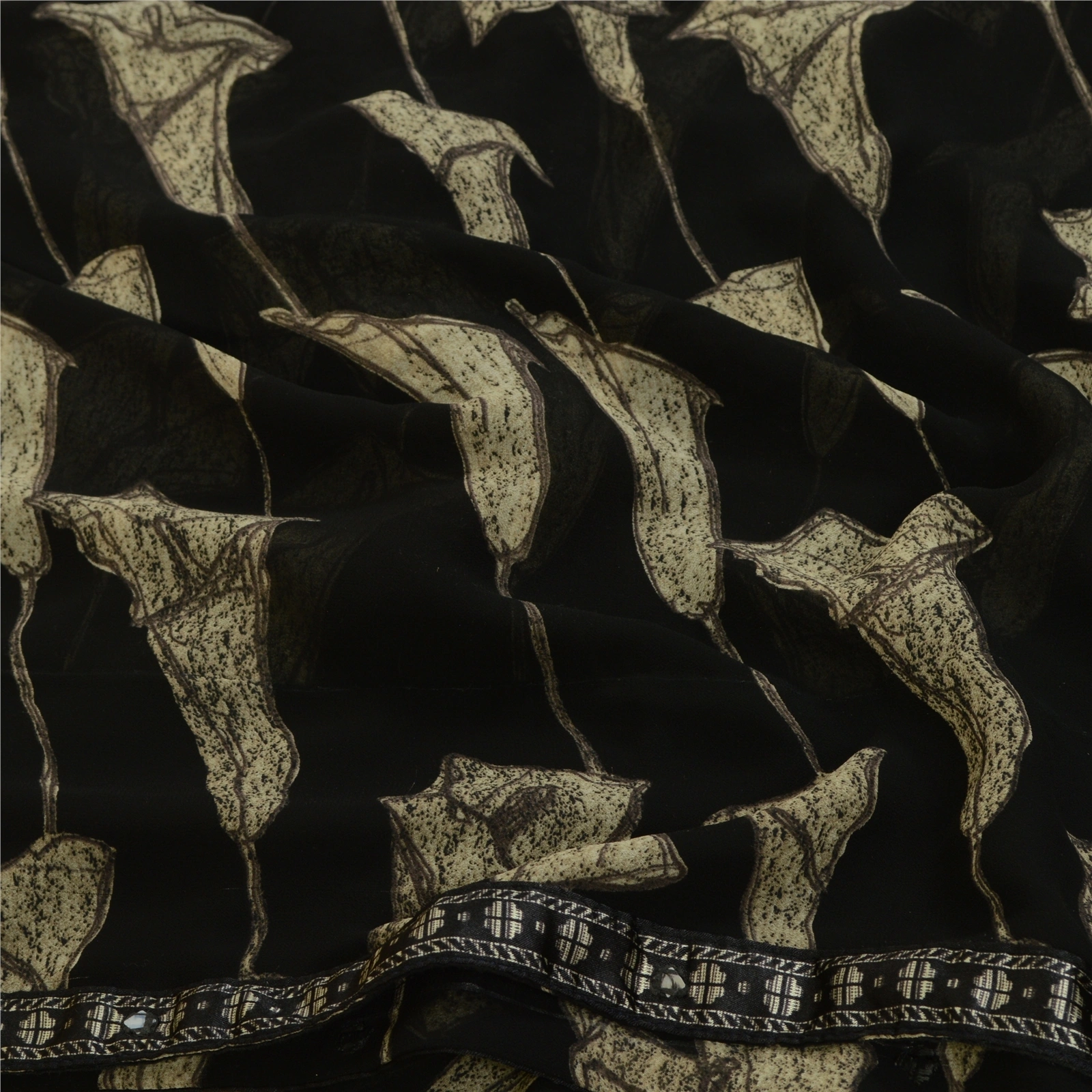 Sanskriti Vintage Sarees From India Black Georgette Printed Sari Craft Fabric, PRG-12792-Black-Printed Floral Design-Poly Georgette-9