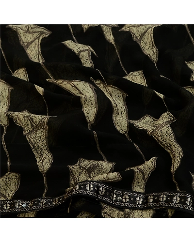Sanskriti Vintage Sarees From India Black Georgette Printed Sari Craft Fabric, PRG-12792-Black-Printed Floral Design-Poly Georgette-9