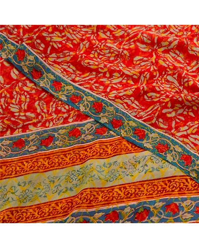 Sanskriti Vintage Sarees Red Pure Georgette Silk Printed Sari Soft Craft Fabric, PRG-12808-Red-Printed Floral Design-Pure Georgette Silk-1