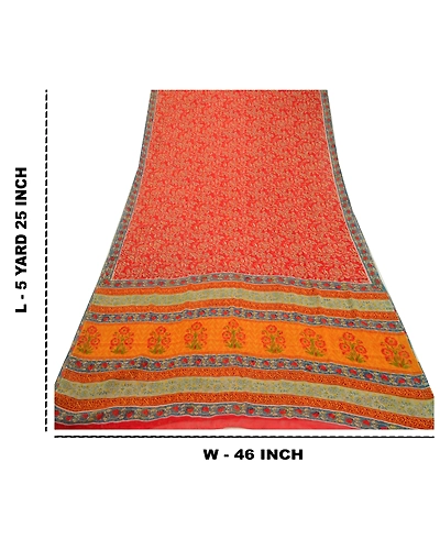 Sanskriti Vintage Sarees Red Pure Georgette Silk Printed Sari Soft Craft Fabric, PRG-12808-Red-Printed Floral Design-Pure Georgette Silk-5