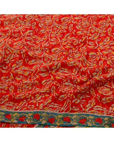 Sanskriti Vintage Sarees Red Pure Georgette Silk Printed Sari Soft Craft Fabric, PRG-12808-Red-Printed Floral Design-Pure Georgette Silk-9
