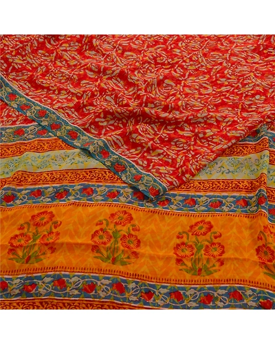 Sanskriti Vintage Sarees Red Pure Georgette Silk Printed Sari Soft Craft Fabric, PRG-12808-Red-Printed Floral Design-Pure Georgette Silk-10