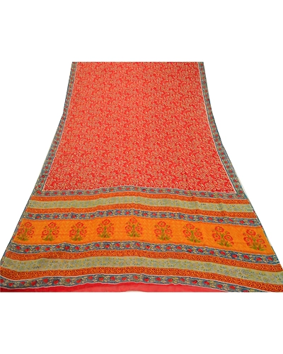 Sanskriti Vintage Sarees Red Pure Georgette Silk Printed Sari Soft Craft Fabric, PRG-12808-Red-Printed Floral Design-Pure Georgette Silk-11