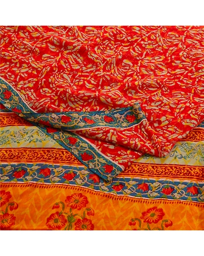 Sanskriti Vintage Sarees Red Pure Georgette Silk Printed Sari Soft Craft Fabric, PRG-12808-Red-Printed Floral Design-Pure Georgette Silk-13