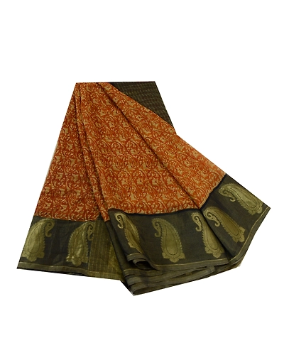 Sanskriti Vintage Sarees Mustard-Black Pure Chiffon Printed Zari Sari 5Yd Fabric, PRG-12820-Mustard Yellos &amp; Black-Printed Floral Design-Pure Chiffon Silk-2
